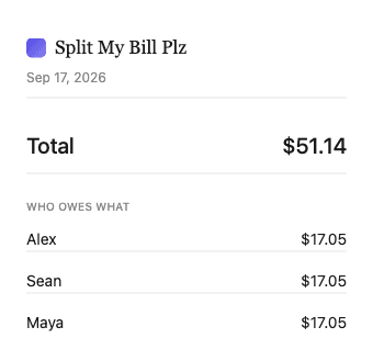 A generated receipt image for a dinner bill, showing the total amount and each person's share